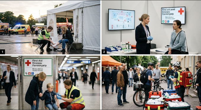 First aid posts at public events: a marquee treating a patient, a staffed information and first aid desk, a first aid station inside a transport hub, and bicycle responders with trauma kits