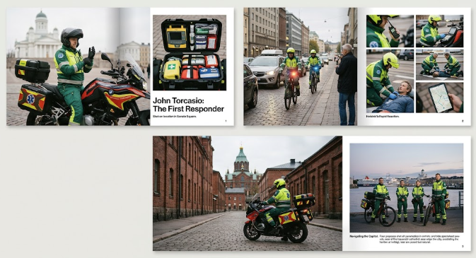 Rapid response tiers in practice: a motorcycle responder with a packed response kit, bicycle responders moving through traffic, and a team treating a patient on scene