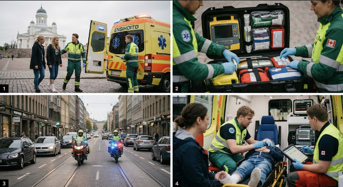Ambulance resources an event plan must interface with: a crew at an open ambulance, a response kit laid out with a monitor and defibrillator, a motorcycle responder in traffic, and a patient being treated in the back of an ambulance
