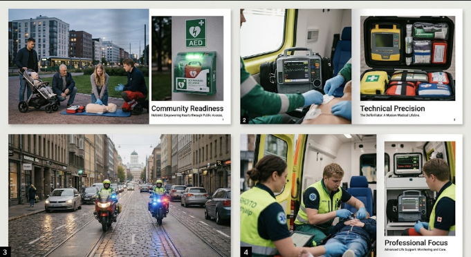 The chain of survival in sequence: bystanders performing CPR in a public space, a wall mounted automated external defibrillator cabinet, a cardiac monitor in use, and advanced life support in an ambulance