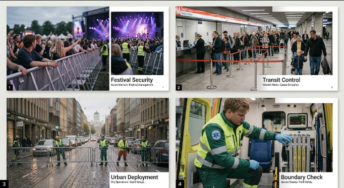 Crowd management in practice: a front of stage barrier line with staff facing the audience, queue control with retractable barriers in a transit hub, pedestrian barriers deployed across a street, and a responder at an ambulance