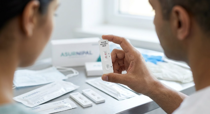 A person holding up a rapid antigen test cassette to read the result, with further sealed test kits and swabs laid out on the bench
